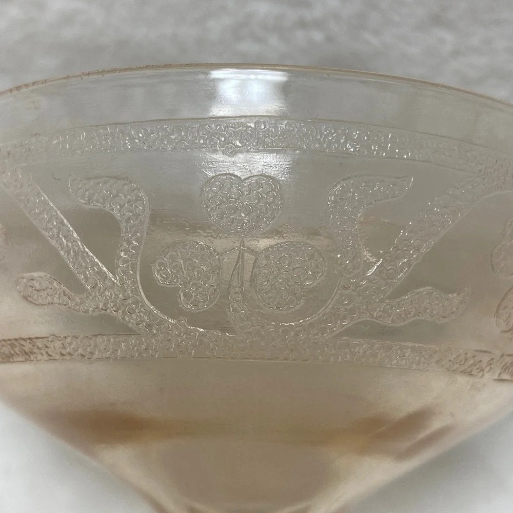 VTG Hazel Atlas Pink Etched Cloverleaf Depression Glass Footed Bowl Dessert Dish